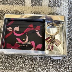 Kate Spade Staci Boxed Card Holder And Key Fob Ribbon Printed Black Multi